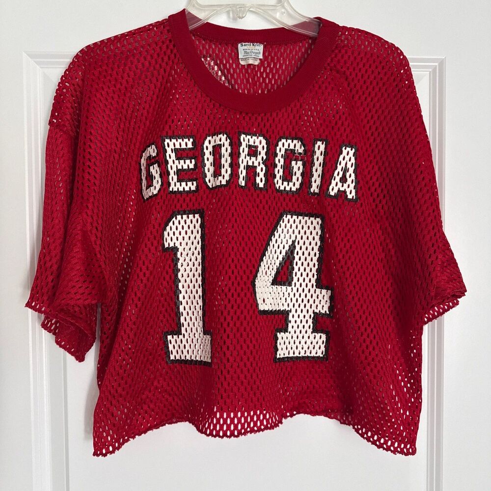 VTG 80s Sand Knit UGA Georgia Bulldogs Crop Top Mesh Jersey LARGE #14 STOCKTON